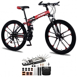 Tbagem-Yjr Folding Bike Tbagem-Yjr 26 Inch Double Shock Absorption Lightweight Folding Bicycle, 21-30 Speed Mountain Bike 10 Knife Wheels Cross Country Variable Speed Bicycle Tool Accessories (Color : Red, Speed : 27speed)