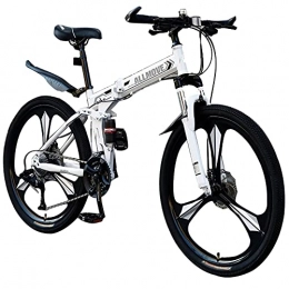 Tbagem-Yjr Bike Tbagem-Yjr 26 Inch Shock Absorption Mountain Bicycle, 3 Knife Wheels Folding Lightweight Full Suspension Frame Bicycle 21 / 24 / 27 / 30 Speed Disc Brake White (Speed : 30speed)