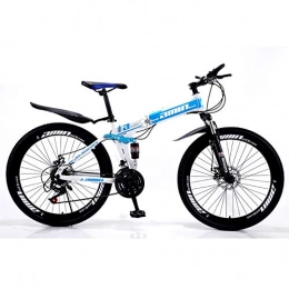 FJW  Unisex Dual Suspension Mountain Bike 21 / 24 / 27 / 30 Speed High-carbon Steel Frame 26 Inches Folding Bike with Double Disc Brake, Blue, 24Speed