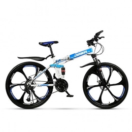 FJW Folding Bike Unisex Dual Suspension Mountain Bike, 26 Inch 6-Spoke Wheels High-carbon Steel Frame Folding Bike, 21 / 24 / 27 / 30 Speed with Double Disc Brake, Blue, 30Speed