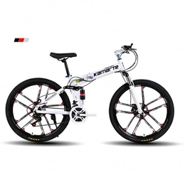 FJW Folding Bike Unisex Mountain Bike 21 / 24 / 27 Speed High-carbon Steel Frame 26 Inches 10-Spoke Wheels Dual Suspension Folding Bike with Disc Brakes, White, 24Speed