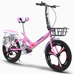 Waqihreu Folding Bike Waqihreu Bicycle Folding Bike for with Rear Carry Rack, Bike Basket and Bike Pump, 6 Speed Aluminum Easy Folding City 20-inch Wheels Disc Brake (Pink)
