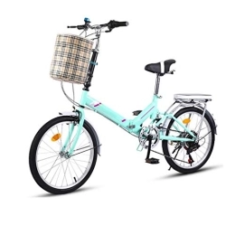 XBSXP Bike XBSXP 20in 7-speed City Folding Bike, Compact Mini Womens Bike, City Commuter Folding Bicycle, Double Brake, Bicycle Seats for Comfort，With Back Frame and Bell, Basket (Color : Mint Green)