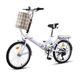 XBSXP Bike XBSXP 20in 7-speed City Folding Bike, Compact Mini Womens Bike, City Commuter Folding Bicycle, Double Brake, Bicycle Seats for Comfort，With Back Frame and Bell, Basket (Color : White)