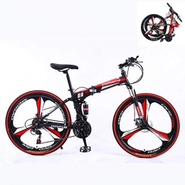 YALIXI Bike YALIXI Folding mountain bike, 24 speed adult mountain bike, high carbon steel frame full suspension mountain bike, double disc brake, Black red