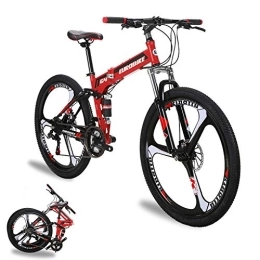 EUROBIKE Folding Bike YH-G4 Folding Mountain Bike for Adults 26 Inch Wheels 21 Speed Full Suspension Dual Disc Brakes Foldable Frame Bicycle (3-Spoke Red)