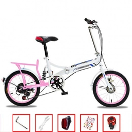 YSHCA Folding Bike YSHCA 16 Inch 6 Speed Folding Bike, Low Step-Through Steel Frame Foldable Compact Bicycle with Rack and Comfort Saddle Urban Riding and Commuting, Pink