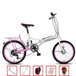 YSHCA Folding Bike YSHCA 20 Inch 6 Speed Folding Bike, Low Step-Through Steel Frame Foldable Compact Bicycle with Rack and Comfort Saddle Urban Riding and Commuting, Pink