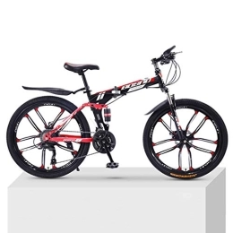 ZKHD Folding Bike ZKHD 30-Speed 10-Knife-Wheel Mountain Bike Bicycle Adult Folding Double Damping Off-Road Variable Speed Unisex Bicycle, black red, 26 inch