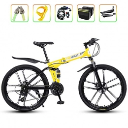 ZLMI Bike ZLMI Adult Folding Mountain Bike, 26-Inch Variable Speed Bicycle, 21 / 24 / 27 Speed Shift System, Front And Rear Double Suspension System, Stronger Shock Absorption Effect, Yellow, 21 speed