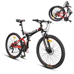 ZWW Folding Mountain Bike, 26In 24-Speed High-Carbon Steel Full Suspension Dual-Disc Brake Adult Outdoor Bike Suitable for Commuting/Travel/Sports Fitness,black red