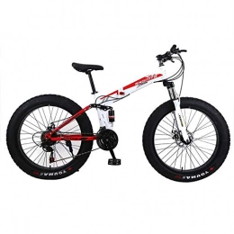 ZXYMUU Folding Bike ZXYMUU 24 Speed Mountain Bike, Foldable Fat Tire Beach Snow Bicycle with Double Disc Brake And Fork Rear Suspension, white red, 24in