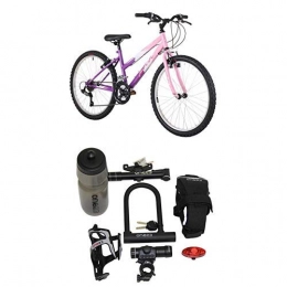 Flite Bike Flite Delta Girls' Mountain Bike Pink, 14" inch steel frame, 18 speed front and rear v-style break sram mxr rotational shifters with Cycling Essentials Pack