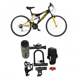 Flite Bike Flite Taser II Mens' Mountain Bike Black / Yellow, 18" inch steel frame, 18 speed fully adjustable rear shock unit front suspension forks with Cycling Essentials Pack