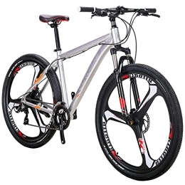 QQW Bike QQW Mountain Bike for Mens, Aluminum Frame Mountain Bikes, 21 Speed, Dual Disc Brakes, Front Suspension, Mens Bicycle Adults / 3-Spoke SIL