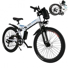 Acecoree Road Bike Acecoree Folding Electric Mountain Bike, 26 Inch Wheel, 36V 250W Lithium-Ion Battery, Premium Full Suspension and Shimano Gear, Men's Mountain Bicycle with LED Light and Horn (White)