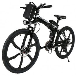 Ancheer  ANCHEER Electric Mountain Bike, 26 Inch Folding E-bike with Super Lightweight Magnesium Alloy 6 Spokes Integrated Wheel, Premium Full Suspension and Shimano 21 Speed Gear (Folding-Black, Medium)