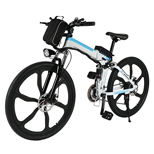 Minilism Bike Folding E-bike with 26 inch Electic Mountain Bike 250W 36V Large Capacity Lithium-Ion Battery, Premium Full Suspension and Shimano Gear White