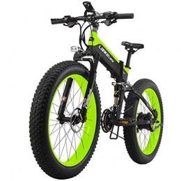 LANKELEISI Road Bike LANKELEISI 26'' Fat Folding Electric Bicycle 48V 14Ah Shimano 27 Speed Full Suspension Snow Mountain MTB E-Bike with 1000W Motor, Dual Hydraulic Disc Brake (Black-Green)
