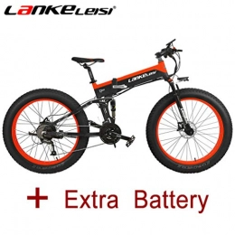 LANKELEISI Bike LANKELEISI 26'' Fat Wheel Folding Electric Bicycle 48V 10Ah 500W Shimano 27 Speed Full Suspension Snow Mountain MTB E-Bike Dual Hydraulic Disc Brake (Black-Red+ Extra Battery)