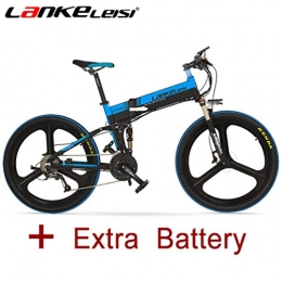 LANKELEISI Road Bike LANKELEISI 26 Inch Folding Electric Bicycle Motor 240w 48V 10Ah Hidden Lithium Battery Shimano 27 Speed Full Suspension Mountain MTB E-bike with Dual Hydraulic Disc Brakes (Black-Blue + Extra Battery)