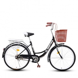 ZZD Fahrräder 24 / 26 Zoll Damen Carbon Steel City Commuter Bike, Retro Classic Adult Bike mit großem Einkaufskorb und Doppelbremsen, Schwarz, 24in