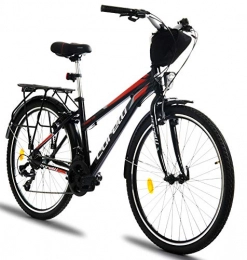 Corelli Tess Citybike 26 Zoll mit Aluminium-Rahmen, V-Brake, Shimano 21 Gang-Schaltung, als Damen-Fahrrad, Mädchen-Fahrrad, Kinder-Fahrrad in Schwarz/Rot.