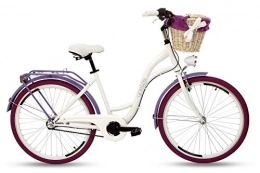 Goetze Fahrräder Goetze Damenfahrrad 26 Zoll 3 Gang Damen Citybike Stadtrad Damenrad Hollandrad Retro-Design Weidenkorb LED-Beleuchtung Weiß / Violett