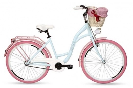 Goetze Fahrräder Goetze Damenfahrrad 26 Zoll Damen Citybike Stadtrad Damenrad Hollandrad Retro-Design Weidenkorb LED-Beleuchtung Hellblau / Rosa