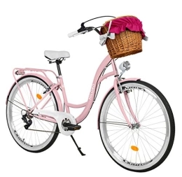 Milord Bikes City Milord. 26 Zoll 7-Gang Rosa Komfort Fahrrad mit Korb und Rückenträger, Hollandrad, Damenfahrrad, Citybike, Cityrad, Retro, Vintage