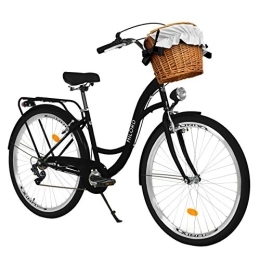 Milord Bikes City Milord. 26 Zoll 7-Gang schwarz Komfort Fahrrad mit Korb und Rückenträger, Hollandrad, Damenfahrrad, Citybike, Cityrad, Retro, Vintage