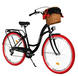 Generic Fahrräder Milord Komfort Fahrrad mit Weidenkorb, Hollandrad, Damenfahrrad, Citybike, Vintage, 28 Zoll, Schwarz-Rot, 7-Gang Shimano