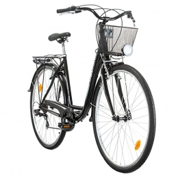 Multibrand Distribution Fahrräder Multibrand Probike 28 Zoll City Fahrrad Shimano 7 Gang, Korb, Fahrrad-Licht, Damen, Herren geeignet ab 170-185 cm (Schwarz glänzend, 510)