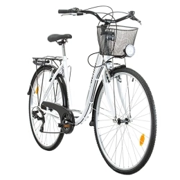 Multibrand Distribution Fahrräder Multibrand Probike 28 Zoll City Fahrrad Shimano 7 Gang, Korb, Fahrrad-Licht, Damen, Herren geeignet ab 170-185 cm (Weißer Glanz, 510)