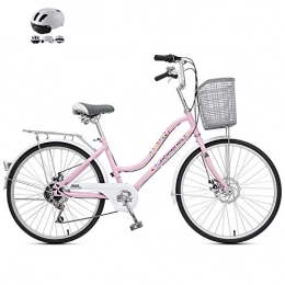 ZZD Fahrräder ZZD 6-Gang Adult City Bike mit Helm, 24-Zoll-Pendlerfahrräder für 145-165 cm Herren / Damen, mit Doppelscheibenbremsen und Komfortsitz, Rosa