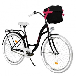 Milord Bikes Fahrräder Milord. 26 Zoll 3-Gang, schwarz und rosa, Komfort Fahrrad mit Korb und Rückenträger, Hollandrad, Damenfahrrad, Citybike, Cityrad, Retro, Vintage