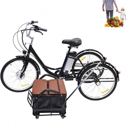NBWE Fahrräder Elektro-Dreirad 24" Erwachsenen-Dreirad Hybrid 3-Rad-Fahrzeug Lithium-Batterie LED-Beleuchtung, mit Rücksitz für Kinder + vergrößertem Korb kann alleine (mit Rädern und Spurstangen)(Black, 24'')