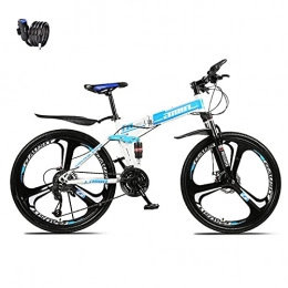SHANRENSAN Falträder Faltbares 21-Gang-Mountainbike, faltbares Mountainbike, Mountainbike mit Variabler Geschwindigkeit für Erwachsene, Kohlenstoffstahlrahmen, duales Stoßdämpfungssystem(Dreimesserrad-Weiß Blau)