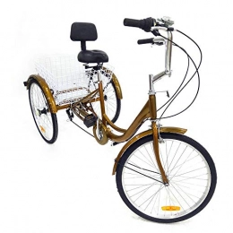 SHIOUCY Fahrräder SHIOUCY 24" 3 Rad Erwachsene Fahrrad Dreirad Cruise Tricycle Trike + Korb + Kopflicht, 6 Geschwindigkeit Korb Dreirad Pedal Warenkorb Lastenfahrrad (Gold)