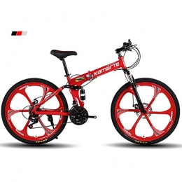 FJW Fahrräder FJW Unisex-Mountainbike Klapprahmen, 26-Zoll-6-Speichen-Räder MTB-Bike, Dual Suspension Mens Bike 21 / 24 / 27 Geschwindigkeiten mit Scheibenbremsen, Red, 21Speed