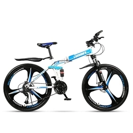 SanRen Fahrräder Klappbares Mountainbike, 26 Zoll, vollgefedert, Mountainbike für Erwachsene, System zur Stoßdämpfung, Scheibenbremse, geeignet für Radfahren im Freien (Räder mit drei Messern, blau und weiß)
