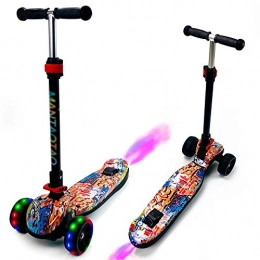 BYOUQ Scooter BYOUQ Foldable Graffiti Kick Scooter With Music Spray Boys Girls 3 Wheel Scooter, 3 Height Adjustable LED Flash Wheel Extra Wide Deck Non-slip Self Balancing Scooters 3~8 Years Old Kids