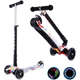 Scooter for Kids Ages 3-12,Kick Scooters for Girls Boys Teens Toddler Children,4 Adjustable Height,Lean to Steer,Extra Wide Skid Deck Pedal,4 LED Light Up Wheel,4 Wheels Foldable Scooter (White)