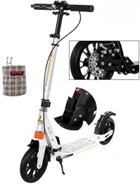 XBSLJ Scooter XBSLJ Kick Scooter, Kids Scooter One-button Folding Dual Suspension with Big Wheels and Disc Handbrake with Storage Basket Supports100kg Teens Adult-White