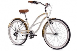 CHRISSON Vélos Cruiser 26 pouces en aluminium beachc ruiser Vélo pour femme chrisson Sandy or blanc avec 6 vitesses Shimano TX