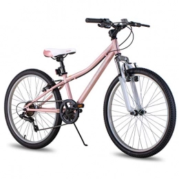 HH HILAND Vélos de montagnes Hiland Climber Vélo VTT 24" pour enfant avec fourche ; Shimano 6 vitesses, frein en V rose