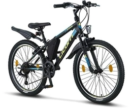 Licorne Bike Vélos de montagnes Licorne Bike Guide Vélo VTT haut de gamme pour filles, garçons, hommes et femmes Vélo avec dérailleur Shimano 21 vitesses, Garçon Fille, Noir / bleu / citron vert, 24
