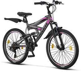 Licorne Bike vélo Licorne Bike Vélo VTT 24" Premium - Vélo pour garçons, Filles, Femmes et Hommes - Dérailleur 21 Vitesses - Suspension complète - Vélo Robuste, Garçon, Anthracite / Rose, 24 Pouces