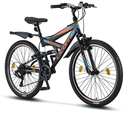Licorne Bike Vélos de montagnes Licorne Bike Vélo VTT 26" Premium - Vélo pour garçons, filles, femmes et hommes - Dérailleur Shimano 21 vitesses - Suspension complète - Vélo robuste, Homme, Noir / Bleu / Orange, 26 pouces