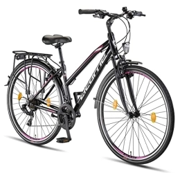 Licorne Bike Vélos de villes Licorne Bike Vélo de trekking haut de gamme 28 pouces - Vélo pour homme, garçon, fille et femme - Dérailleur 21 vitesses - Vélo de ville - Vélo pour homme - L-V-ATB - Noir / rose